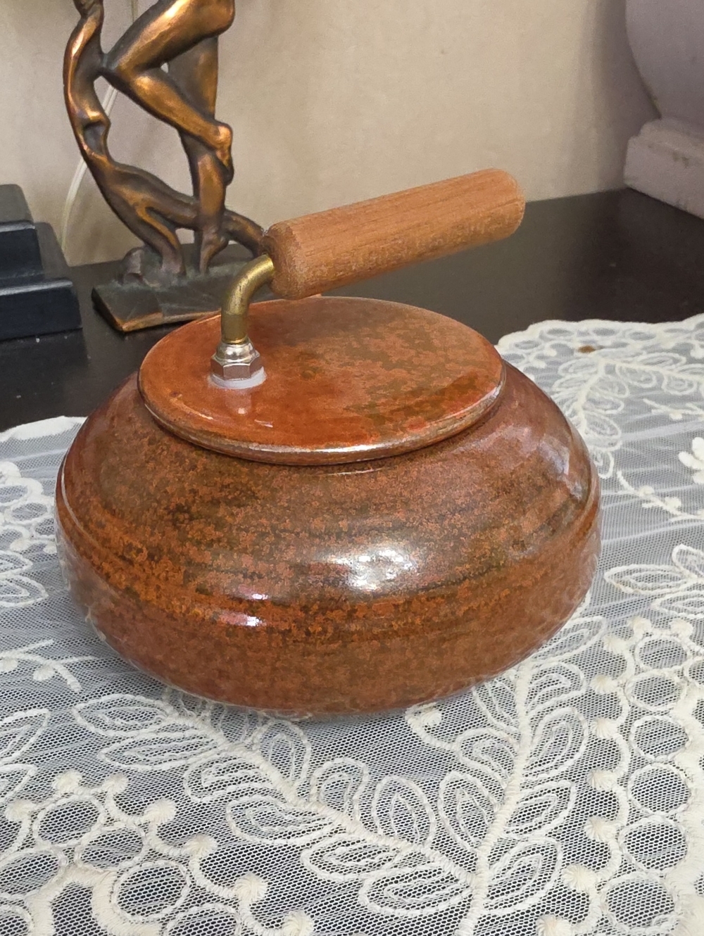 Stoneware Brown Ceramic Butter Warmer with Wooden Handle Signed Pottery